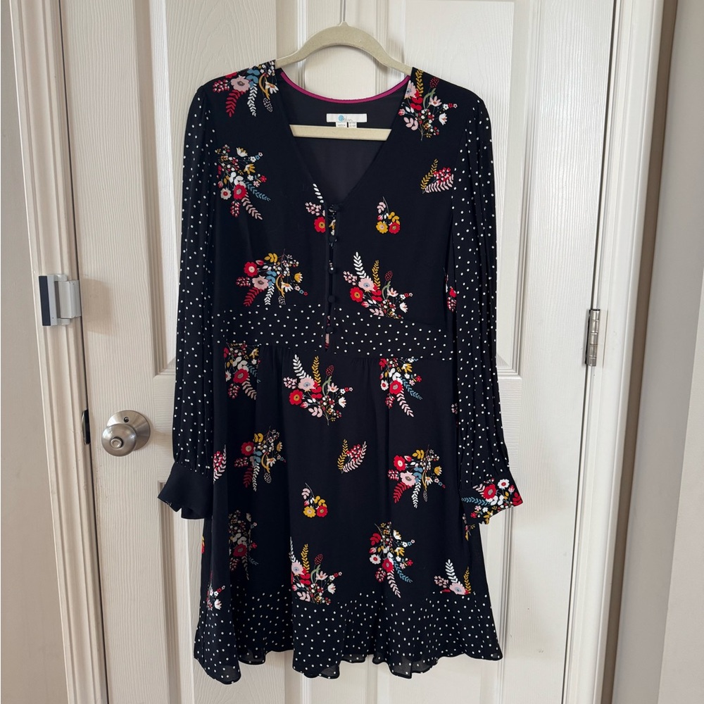 Boden Black Dress with Florals and Polka Dots